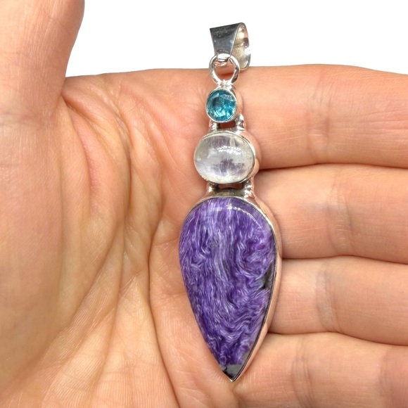 Charoite Rainbow Moonstone Blue Topaz Necklace Pendant Solid 925 Sterling Silver - Picture 4 of 8